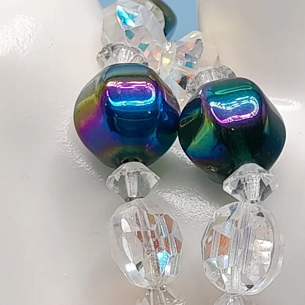 Vintage 1960s AB Crystal Beaded Bracelet, Double Strand, Iridescent Austrian, 7